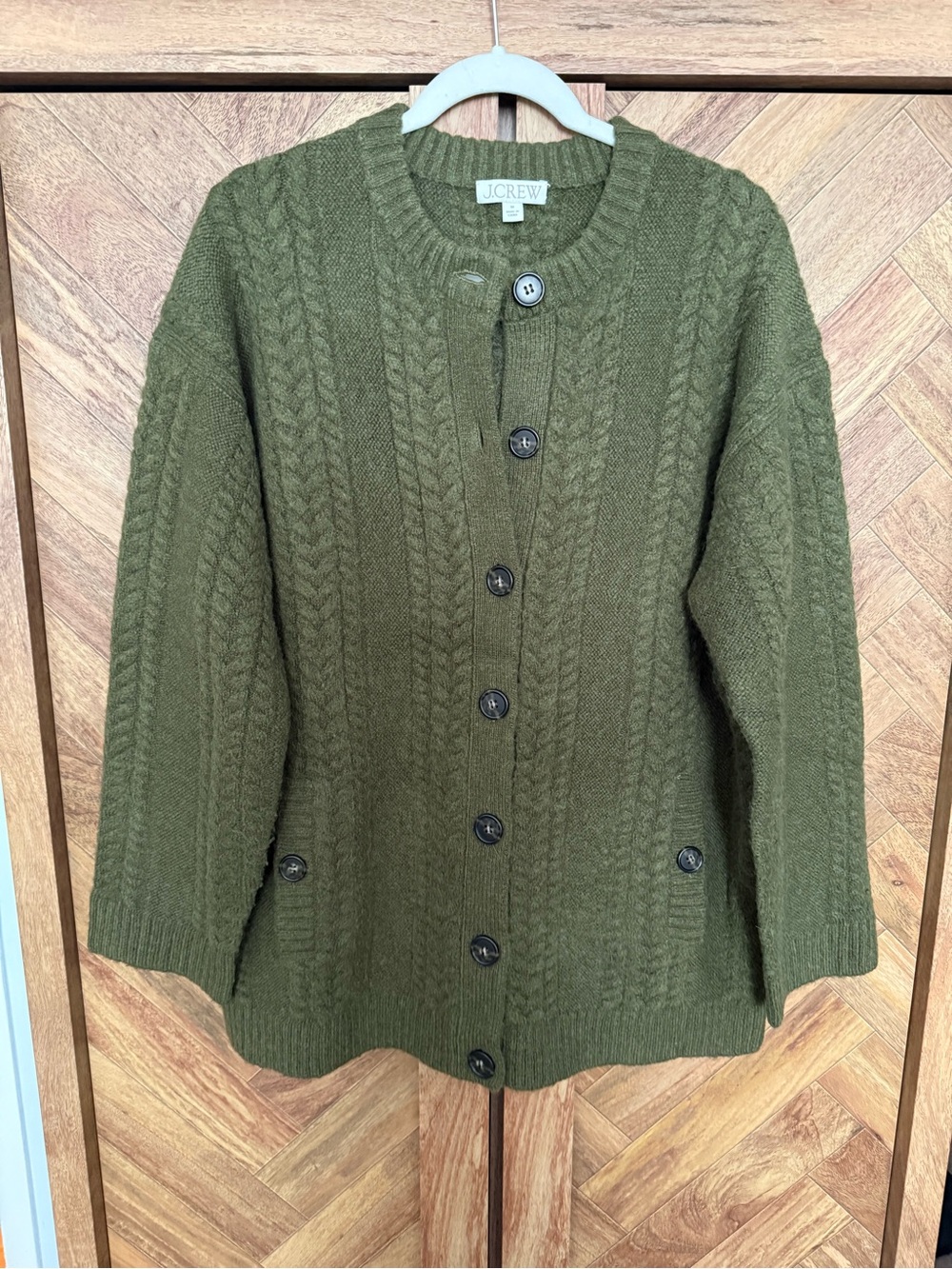 J. Crew Olive Green Cable-Knit Button-Front Cardigan/Sweater Coat